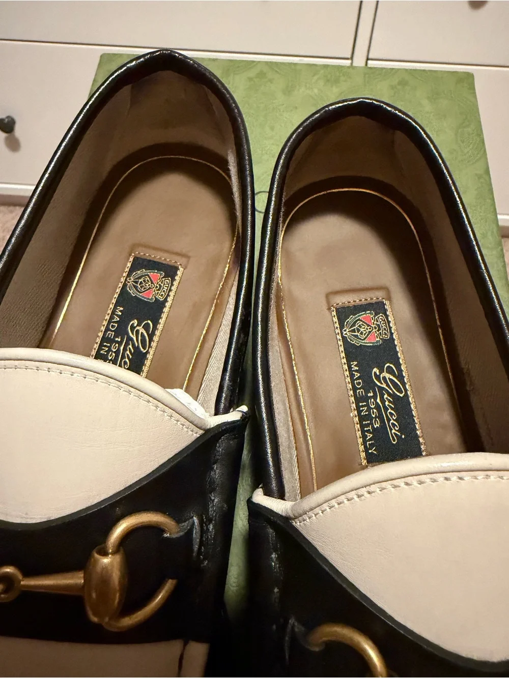 Gucci Two-Tone White & Black Leather Horsebit Loafers